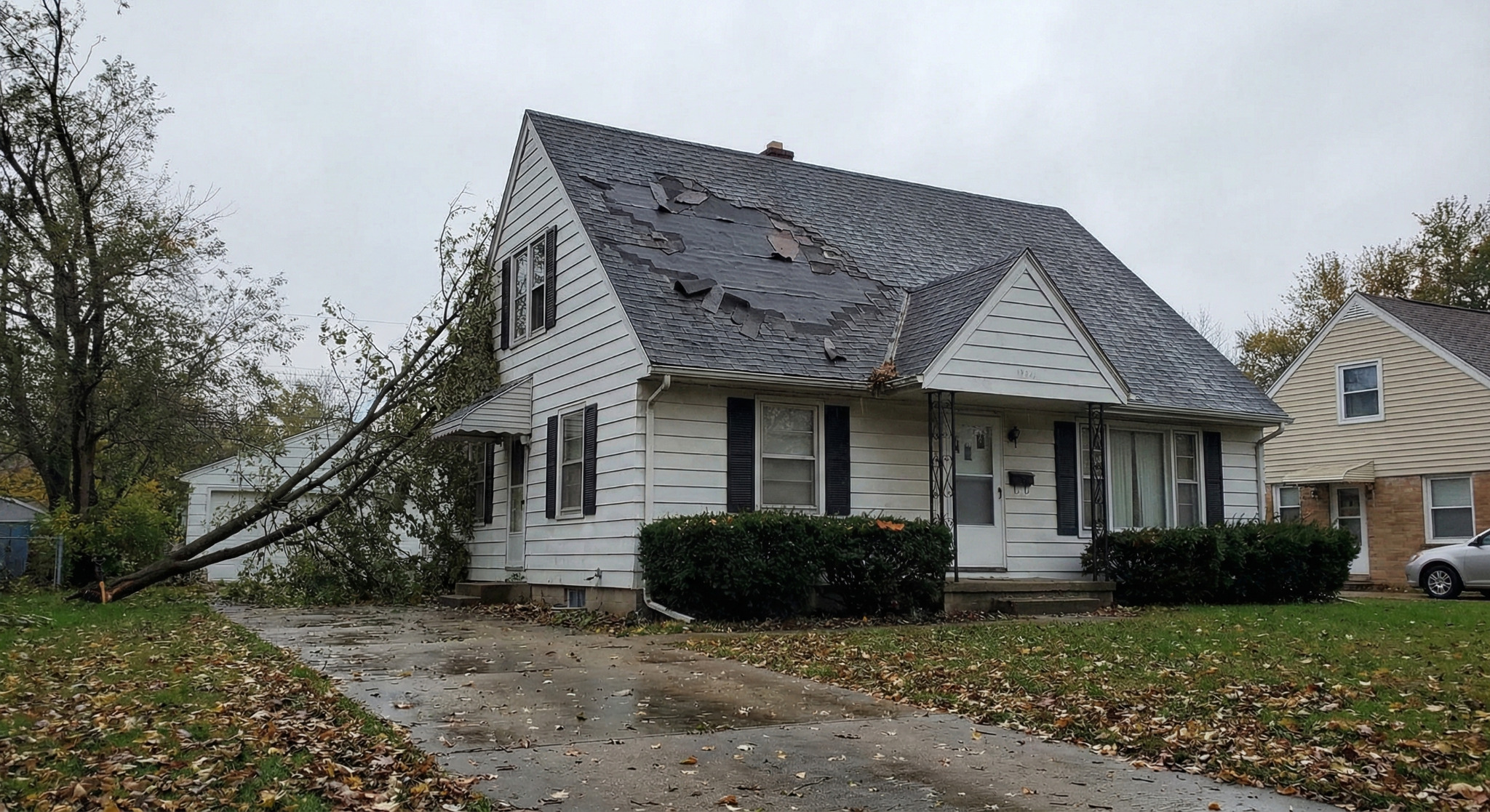 Storm-damaged roof on a home